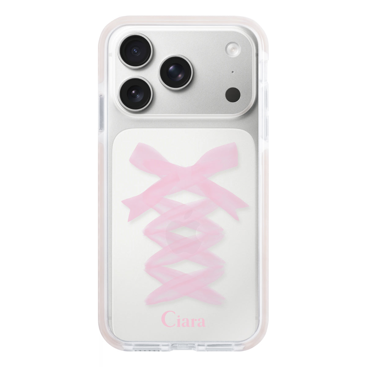 iPhone17Pro クッションバンパー 耐衝撃クリアケース レースアップリボン ピンク