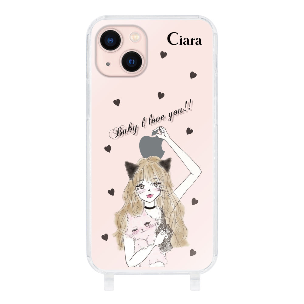 iPhone13ケース ストラップクリアケース ブラックキャットガール クリア