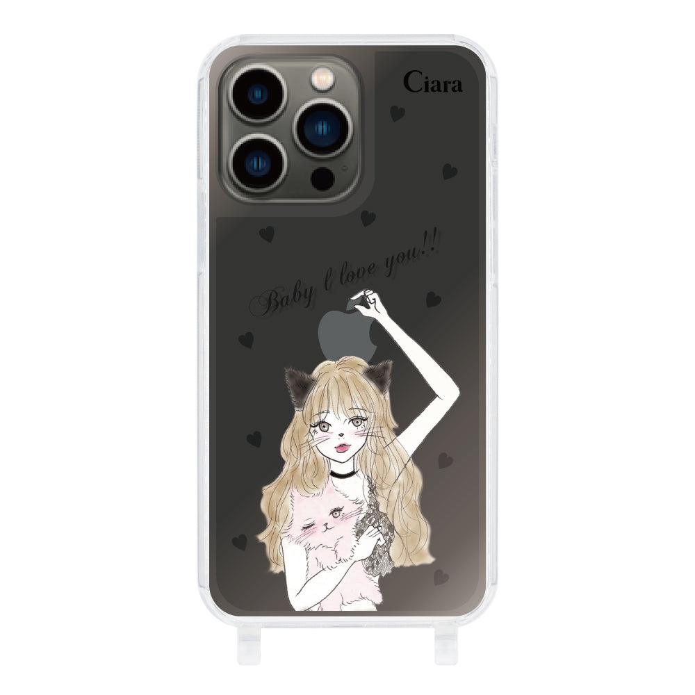 iPhone13Proケース ストラップクリアケース ブラックキャットガール ブラック