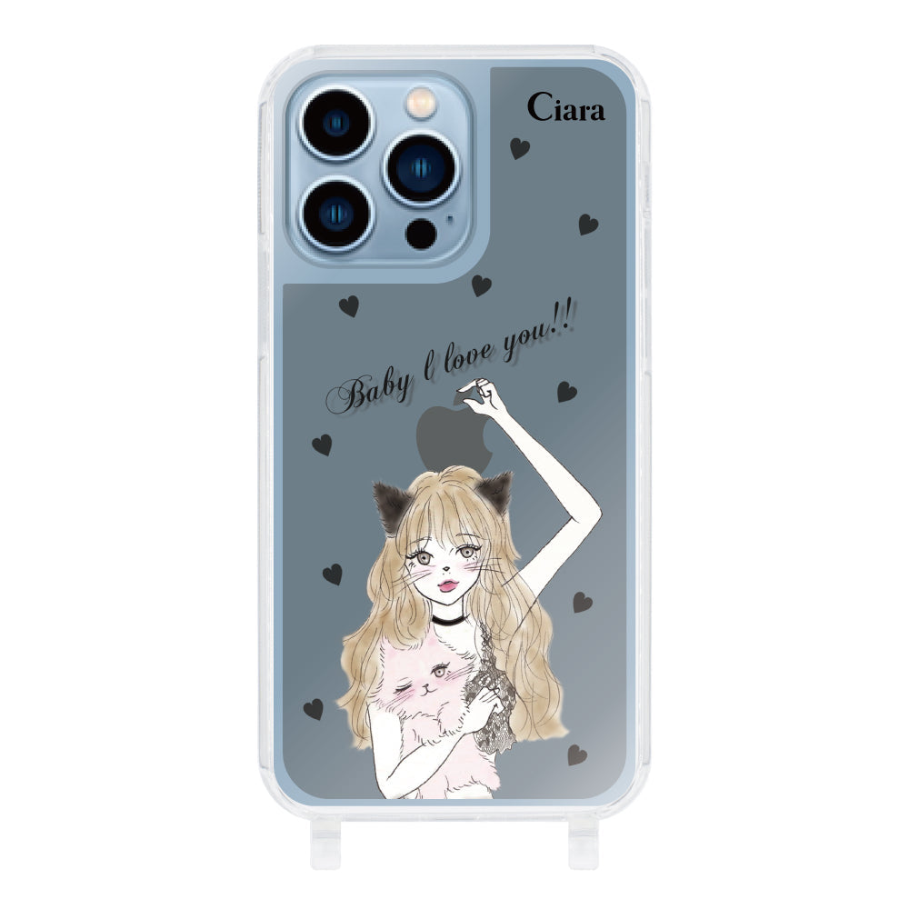 iPhone13ProMaxケース ストラップクリアケース ブラックキャットガール ブラック