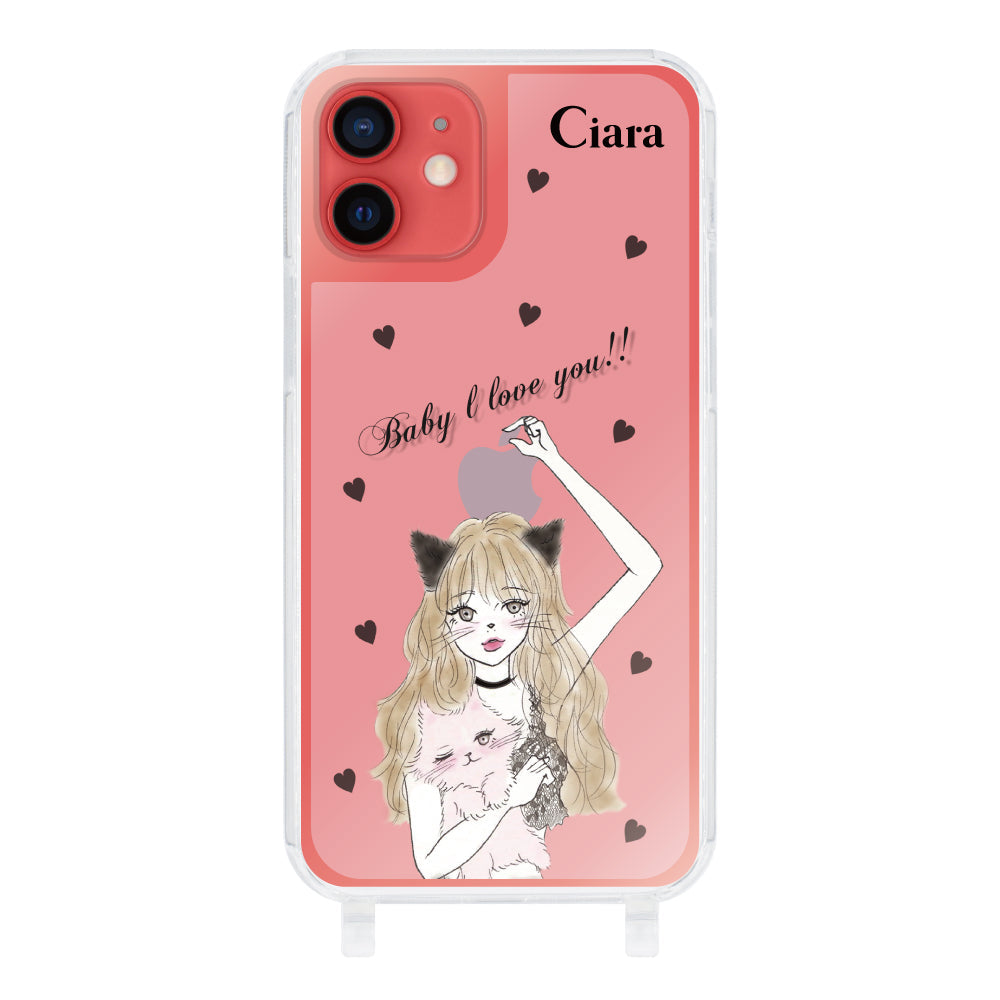 iPhone11ケース ストラップクリアケース ブラックキャットガール ピンク