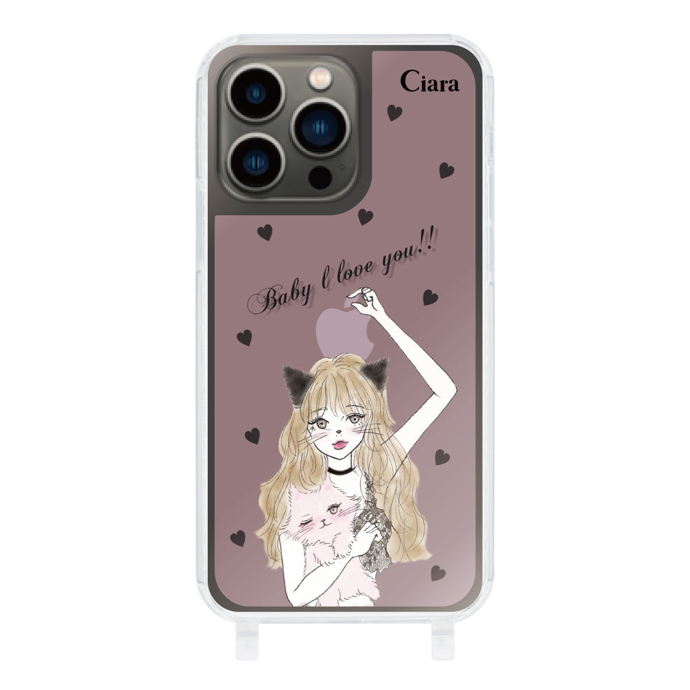 iPhone13Proケース ストラップクリアケース ブラックキャットガール ピンク