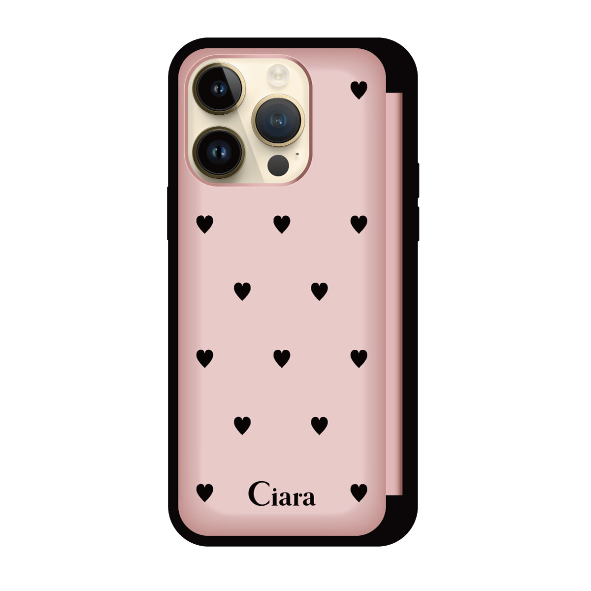 iPhone14Pro バックフリップカード収納ミラー付き カード収納ミラー付きケース スウィートハート ピンク