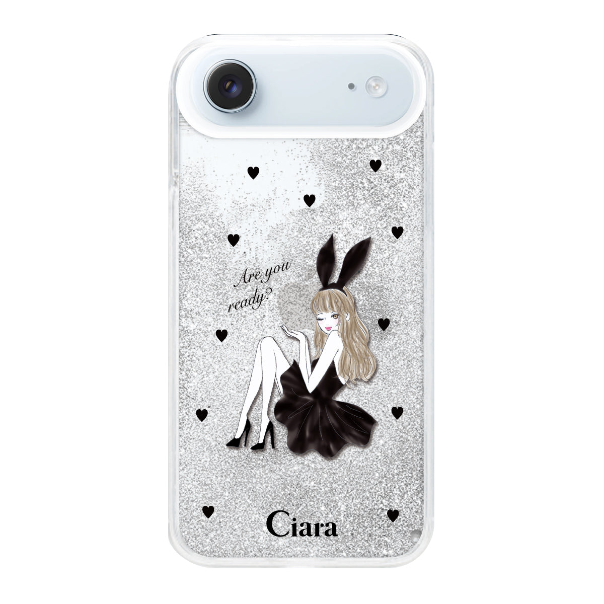 iPhoneAir グリッター オイルクリアケース ブラックバニー シルバー