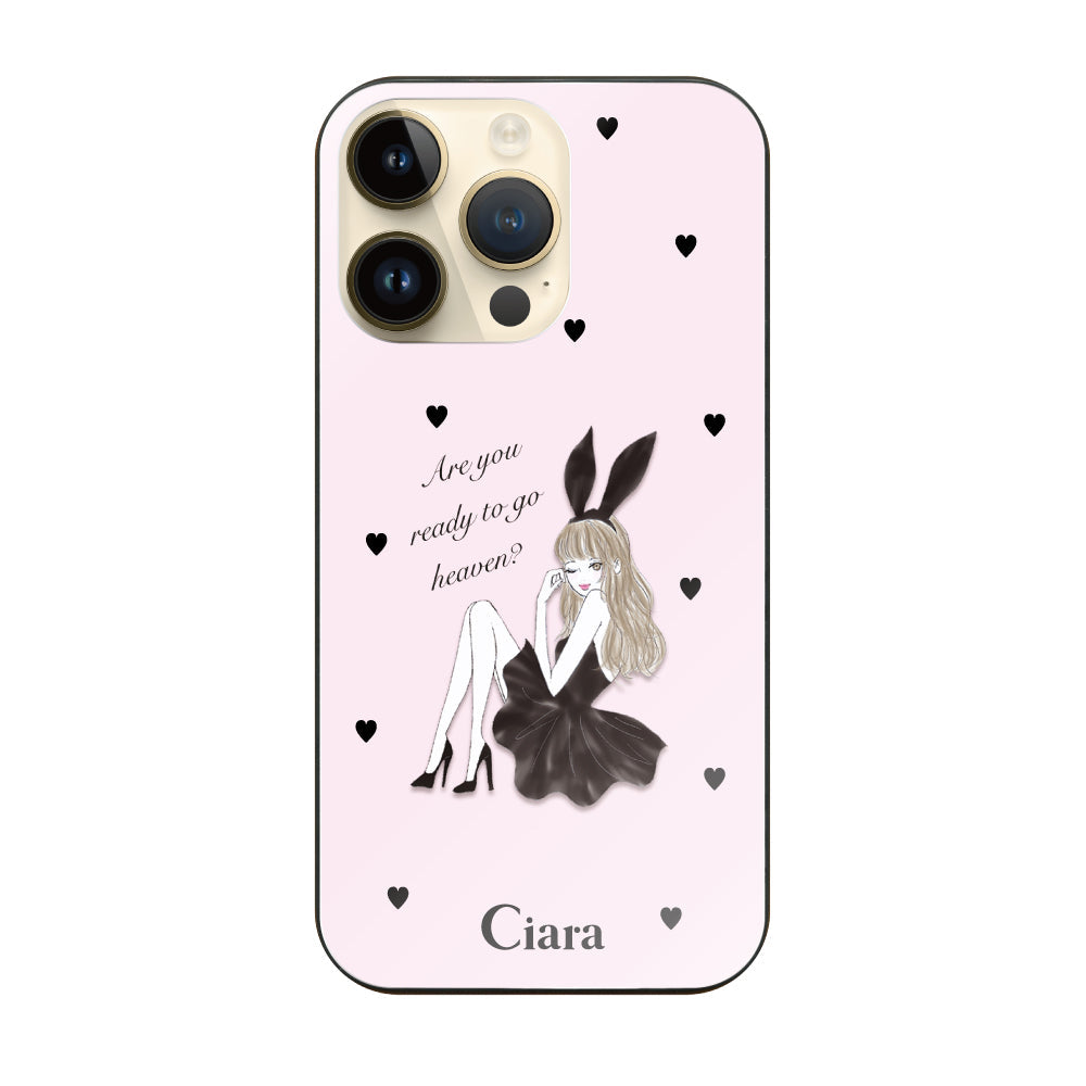 iPhone14Pro ガラス 強化ガラスケース ブラックバニー ピンク
