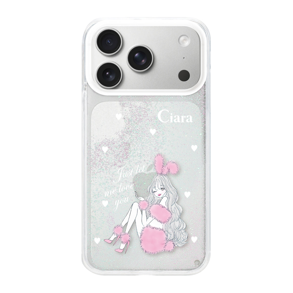 iPhone17Pro グリッター オイルクリアケース ピンクバニー ホワイト