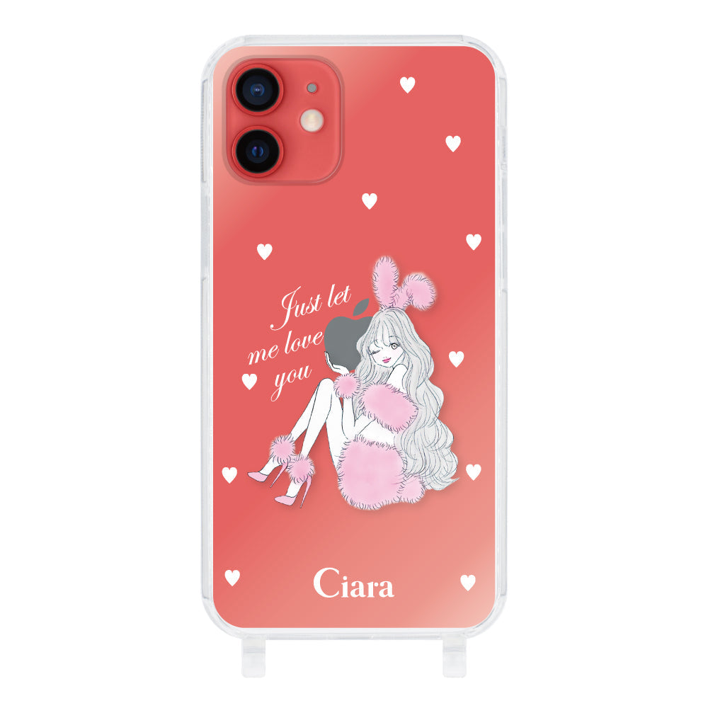 iPhone11 ストラップクリアケース ピンクバニー クリア