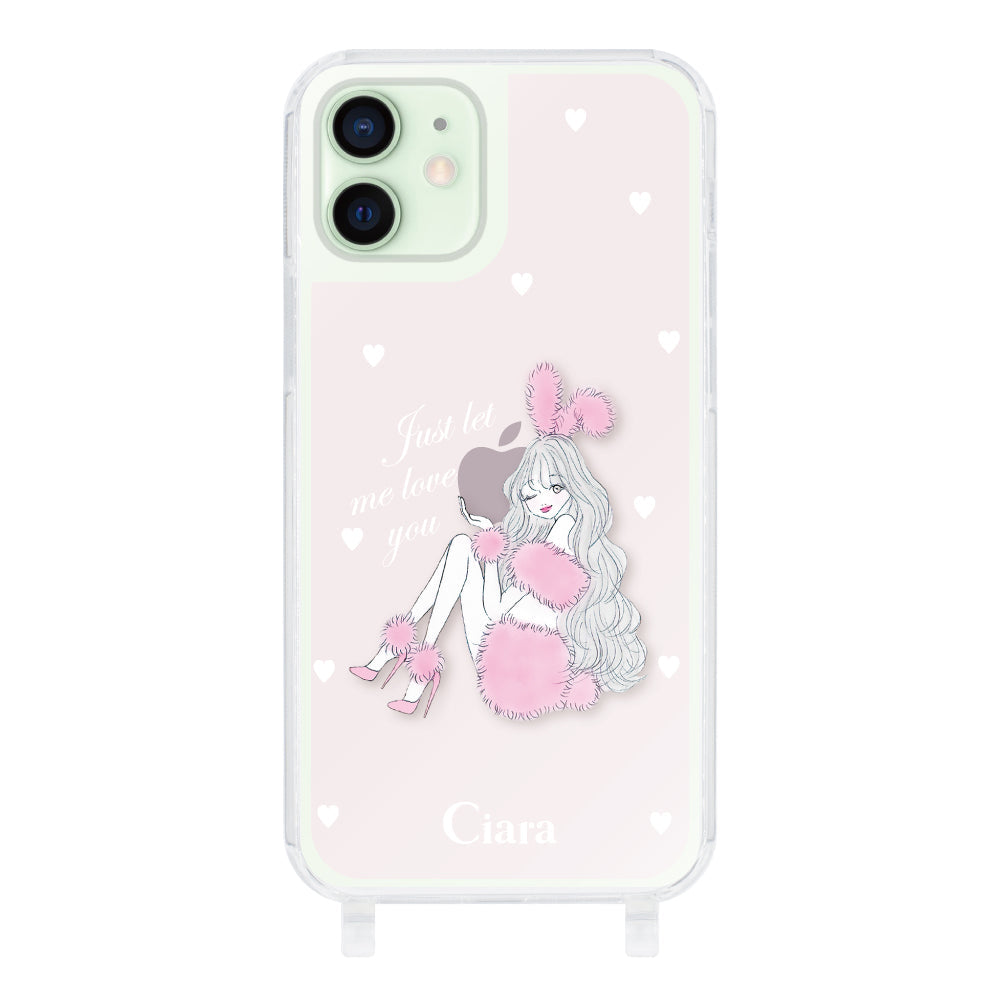 iPhone12mini ストラップクリアケース ピンクバニー ピンクチェック
