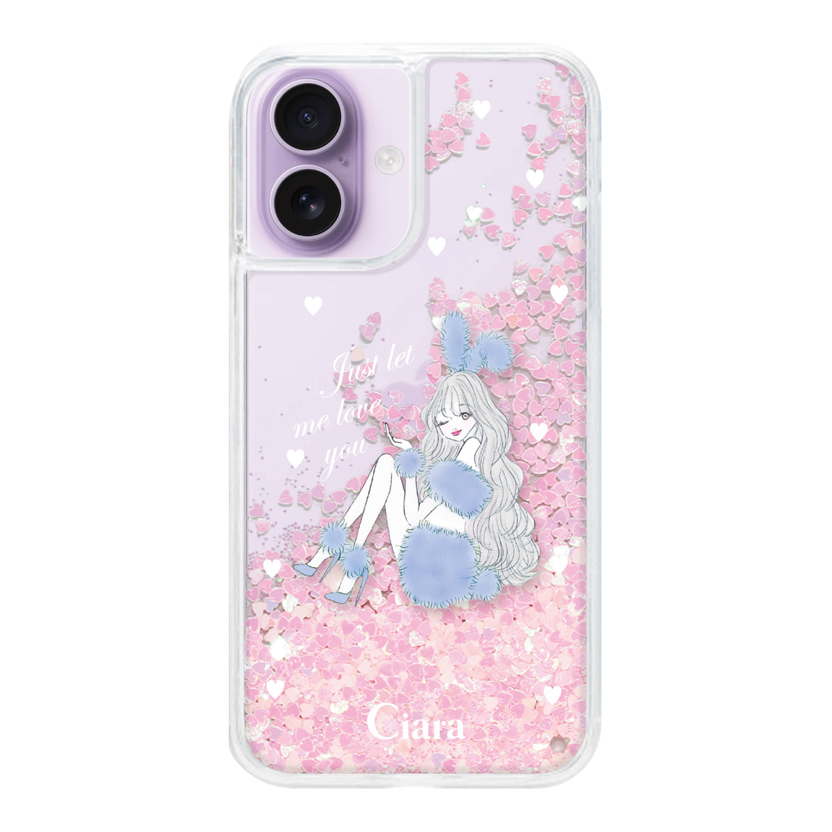 iPhone17 グリッター オイルクリアケース ブルーバニー ピンク