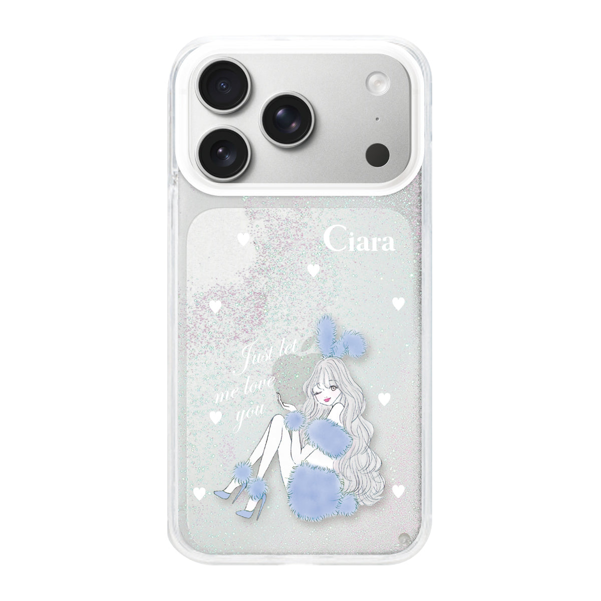 iPhone17Pro グリッター オイルクリアケース ブルーバニー ホワイト