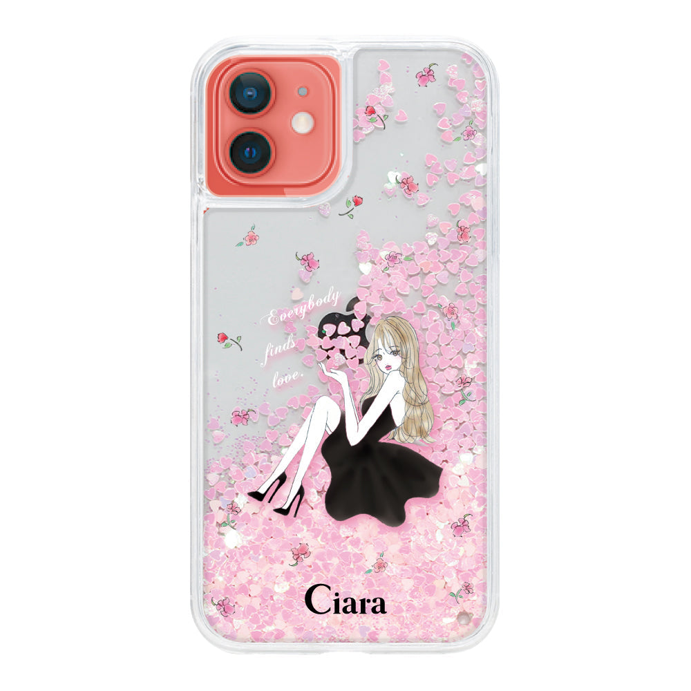 iPhone11 グリッター オイルクリアケース ラベンダーブラックガール ピンク