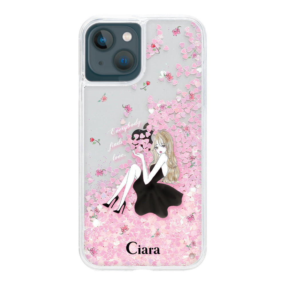 iPhone13mini グリッター オイルクリアケース ラベンダーブラックガール ピンク