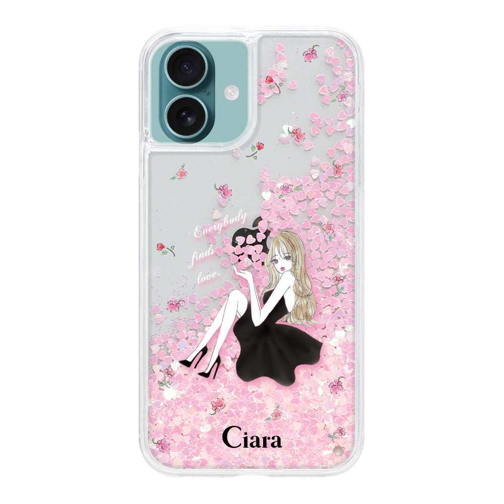 iPhone16Plus グリッター オイルクリアケース ラベンダーブラックガール ピンク