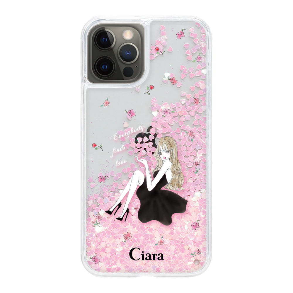 iPhoneX/XS グリッター オイルクリアケース ラベンダーブラックガール ピンク