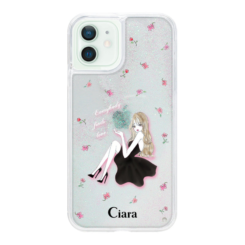 iPhoneケース グリッター オイルクリアケース ラベンダーブラックガール