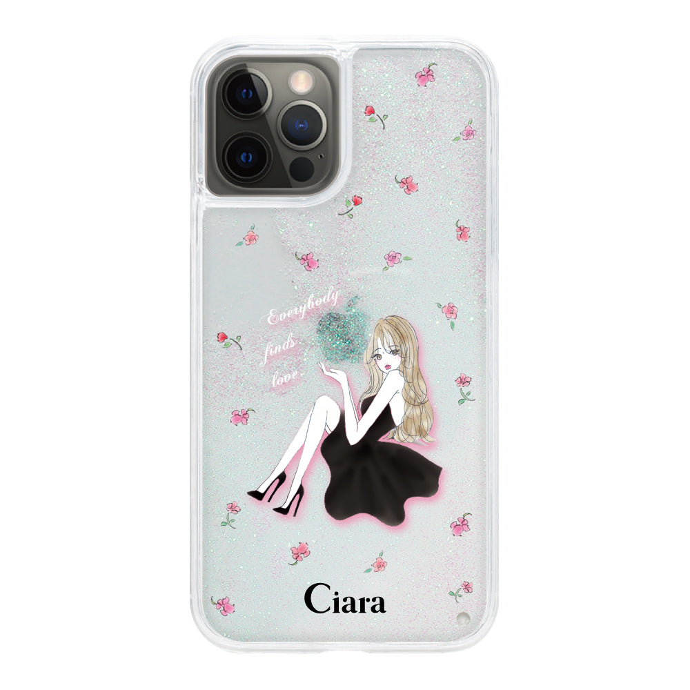 iPhoneX/XS グリッター オイルクリアケース ラベンダーブラックガール ホワイト