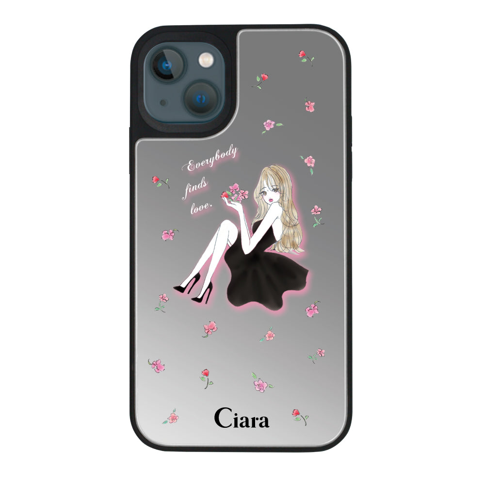 iPhone13mini ミラーバンパー ミラー付きケース ラベンダーブラックガール シルバー
