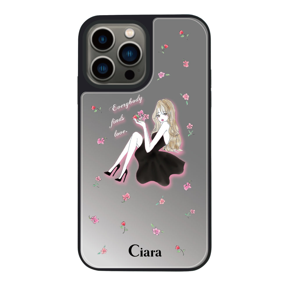 iPhone13Pro ミラーバンパー ミラー付きケース ラベンダーブラックガール シルバー