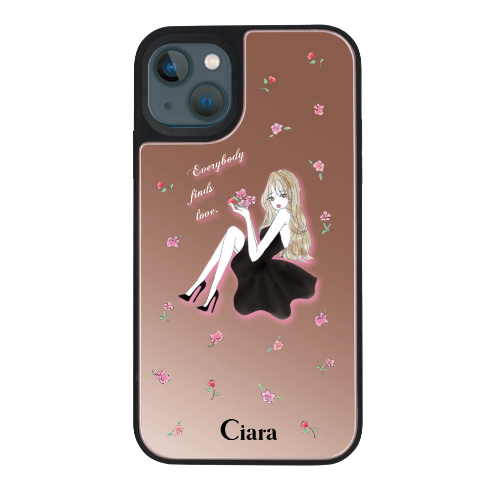 iPhone13mini ミラーバンパー ミラー付きケース ラベンダーブラックガール ピンクゴールド