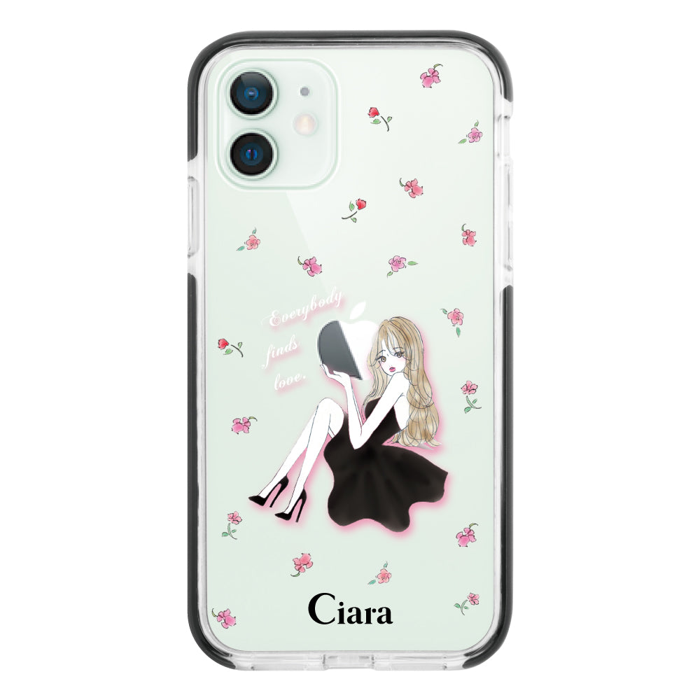 iPhone12mini クッションバンパー 耐衝撃クリアケース ラベンダーブラックガール クリア