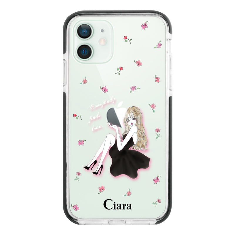 iPhoneケース クッションバンパー 耐衝撃クリアケース ラベンダーブラックガール