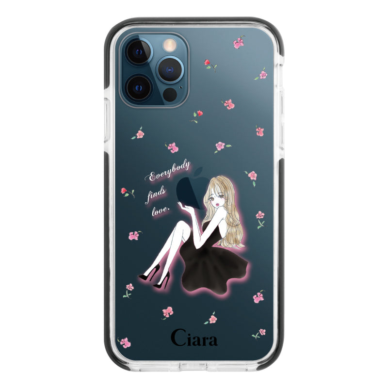 iPhoneケース クッションバンパー 耐衝撃クリアケース ラベンダーブラックガール