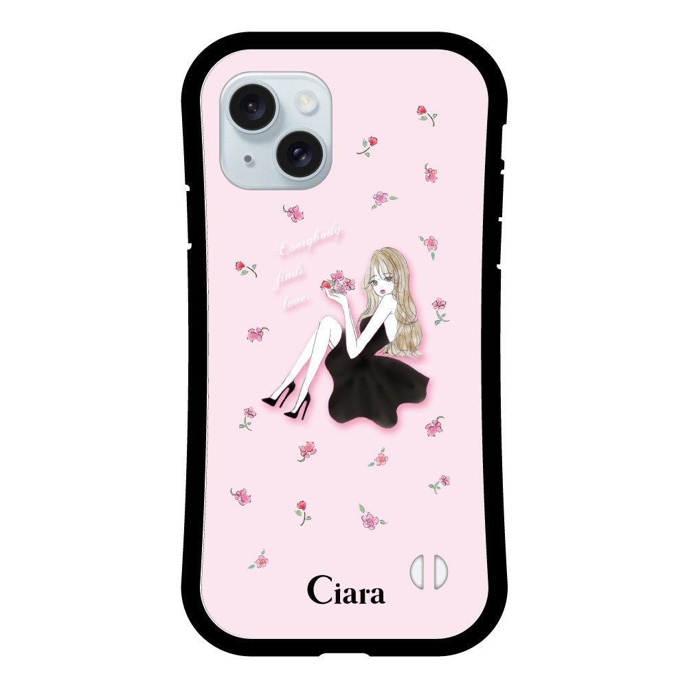 iPhone15Plus グリップ 耐衝撃ケース ラベンダーブラックガール ピンク