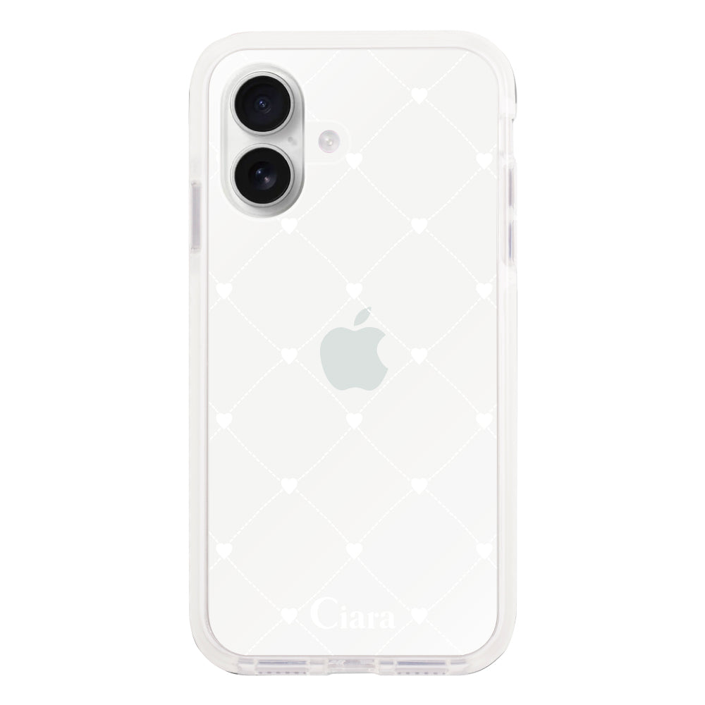 iPhone16 クッションバンパー 耐衝撃クリアケース ハートキルティング ホワイト
