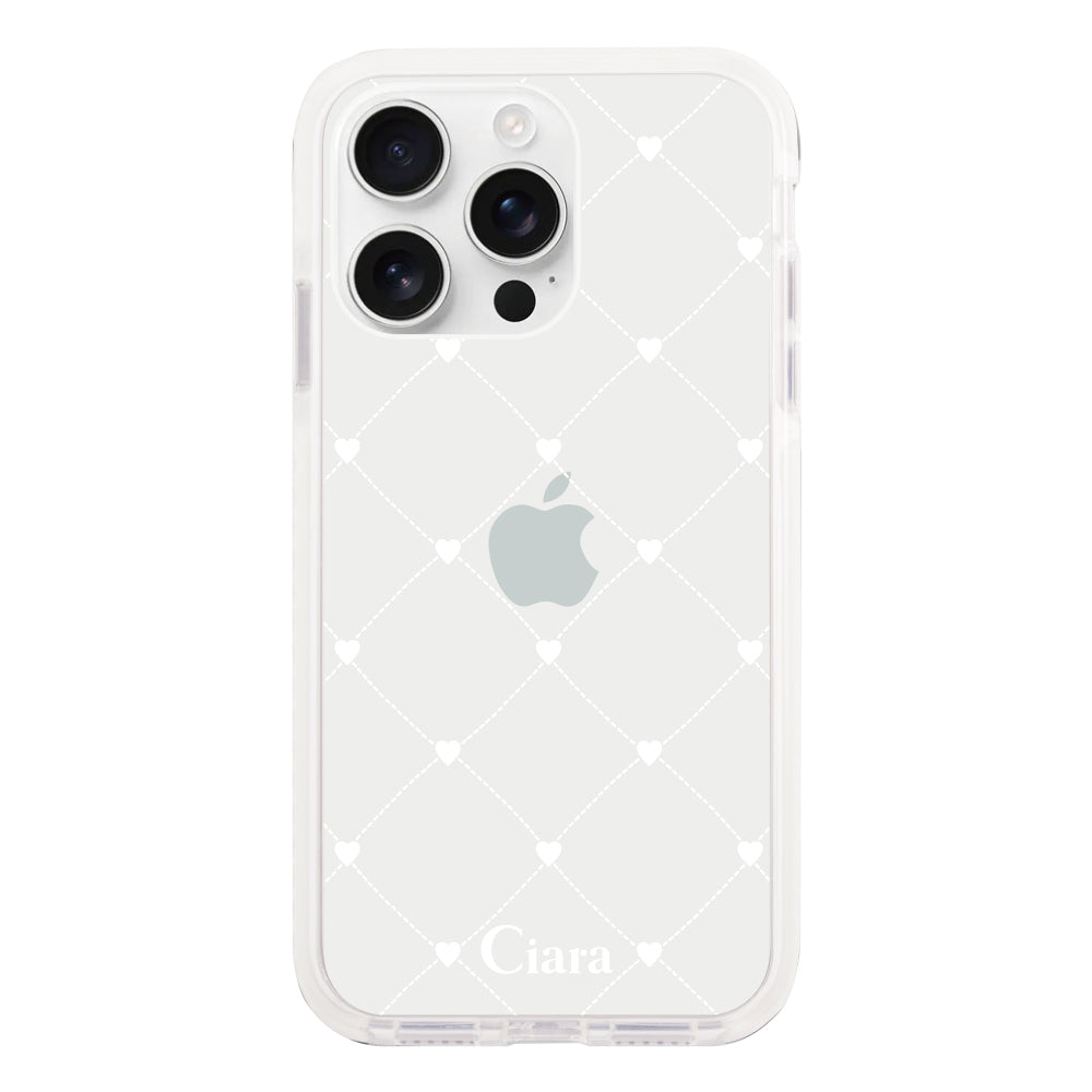 iPhone16ProMax クッションバンパー 耐衝撃クリアケース ハートキルティング ホワイト