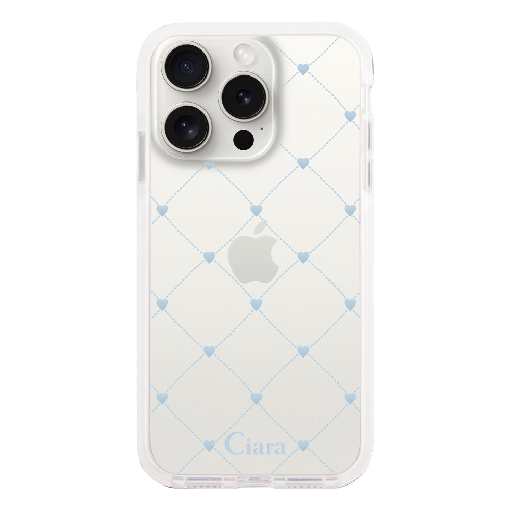 iPhone15ProMax クッションバンパー 耐衝撃クリアケース ハートキルティング ブルー
