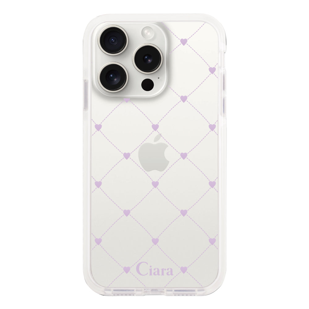 iPhone15ProMax クッションバンパー 耐衝撃クリアケース ハートキルティング パープル