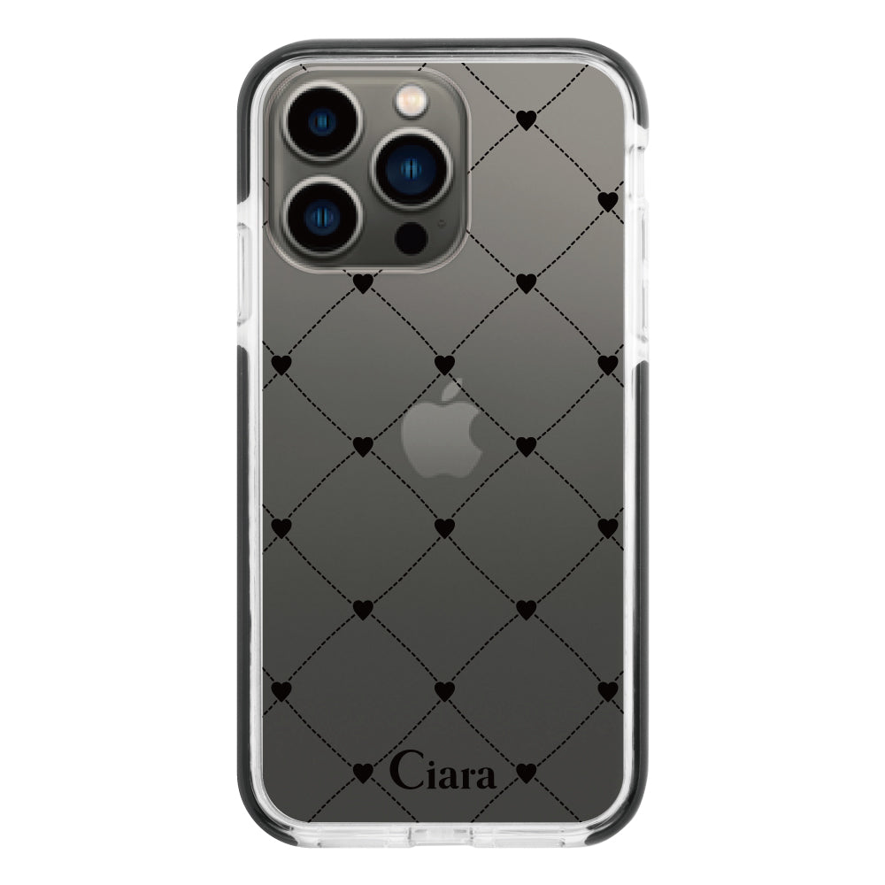 iPhone13Pro クッションバンパー 耐衝撃クリアケース ハートキルティング ブラック