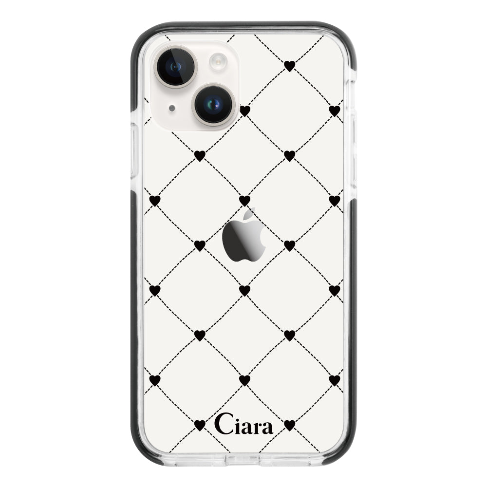 iPhone14 クッションバンパー 耐衝撃クリアケース ハートキルティング ブラック