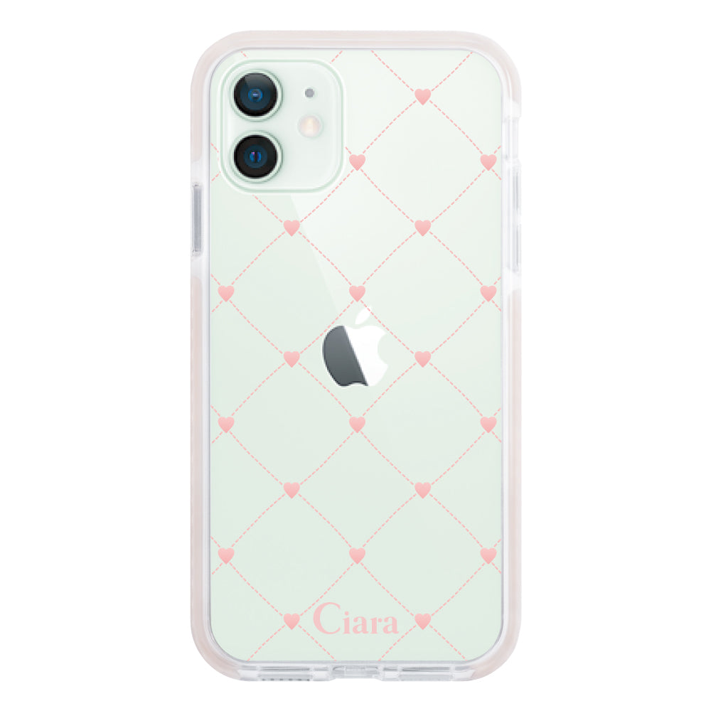 iPhone12mini クッションバンパー 耐衝撃クリアケース ハートキルティング ピンク