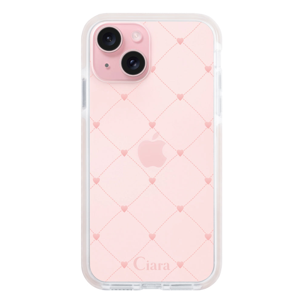 iPhone15 クッションバンパー 耐衝撃クリアケース ハートキルティング ピンク