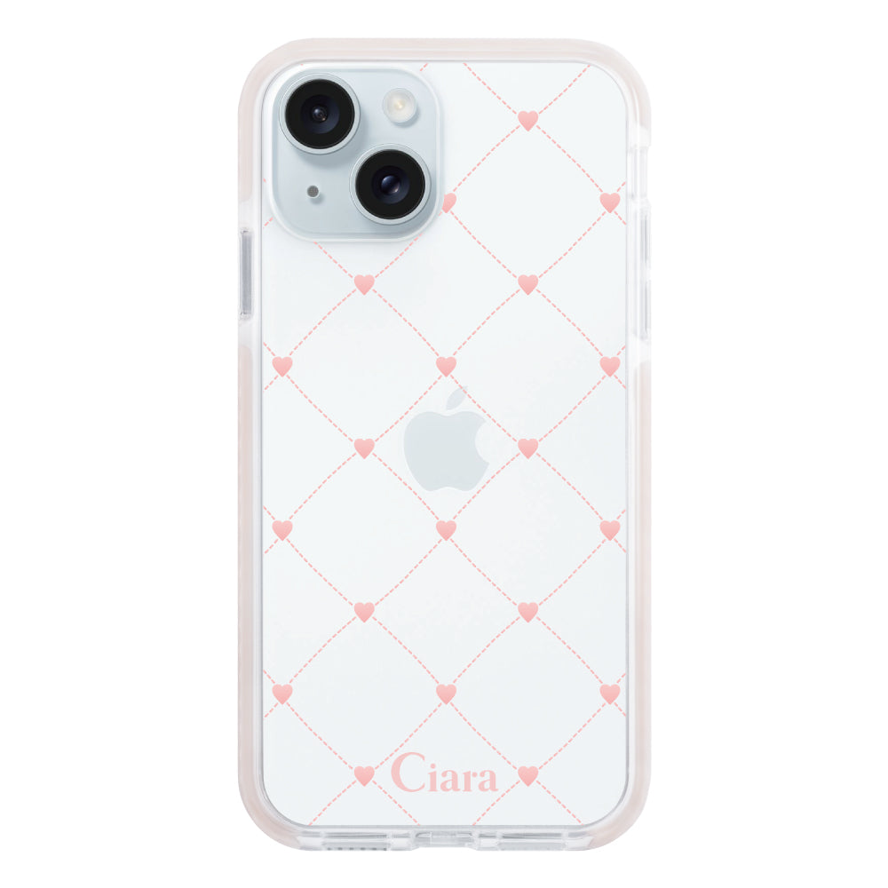 iPhone15Plus クッションバンパー 耐衝撃クリアケース ハートキルティング ピンク