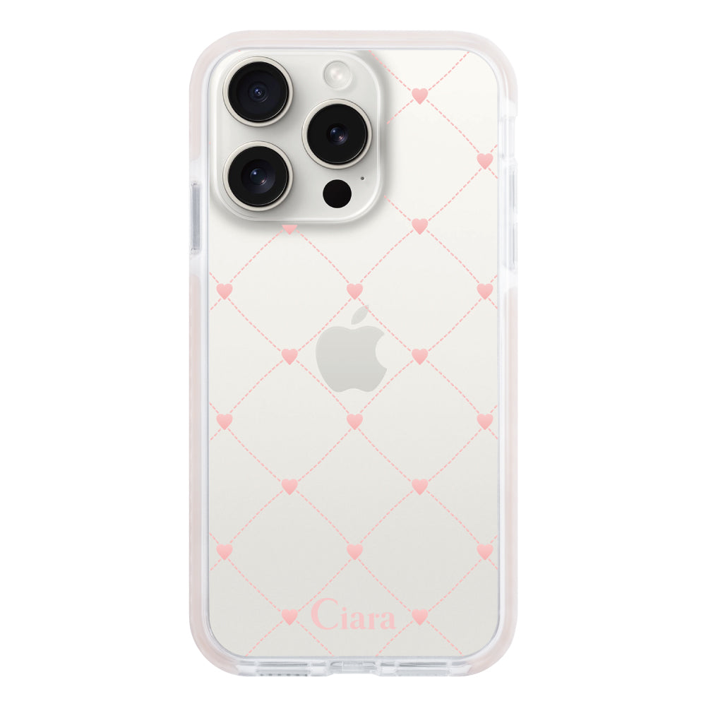 iPhone15ProMax クッションバンパー 耐衝撃クリアケース ハートキルティング ピンク