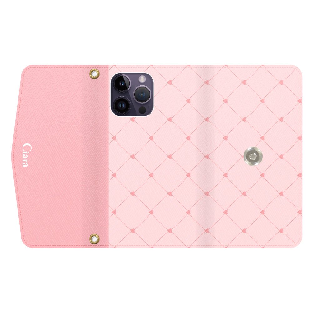 iPhone14ProMaxケース 手帳型カード収納レザーケース ハートキルティング ピンク