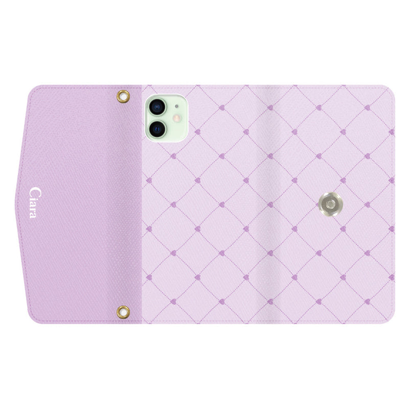 iPhoneケース  カード収納 ミラー ストラップ付き レザー 三つ折り 手帳型ケース ハートキルティング