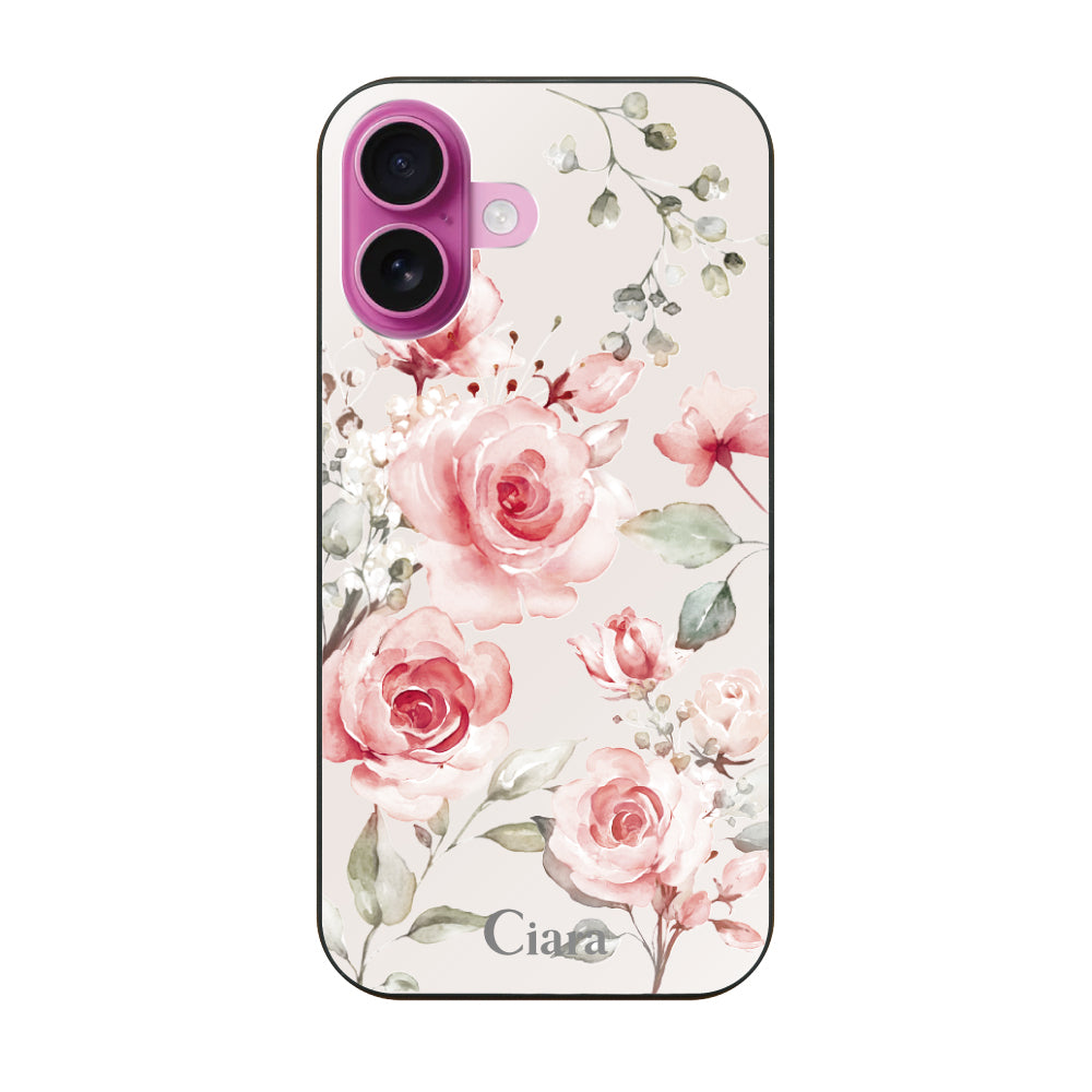 iPhone16 ガラス 強化ガラスケース スプリンクルフラワー ピンク