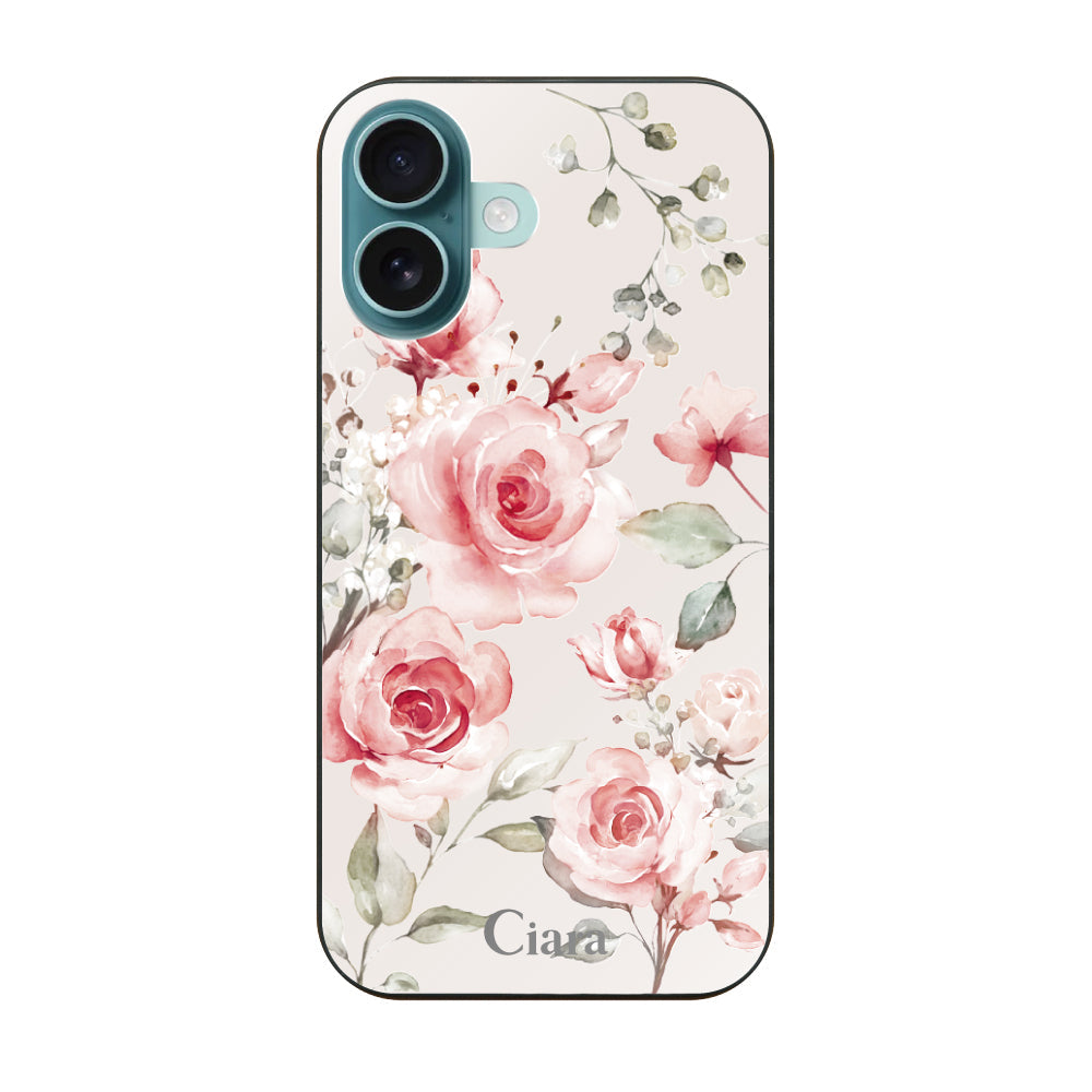 iPhone16Plus ガラス 強化ガラスケース スプリンクルフラワー ピンク