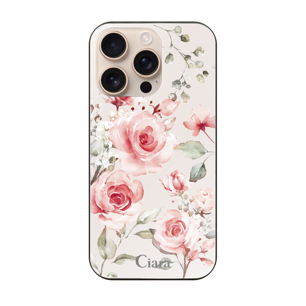 iPhone16Pro ガラス 強化ガラスケース スプリンクルフラワー ピンク