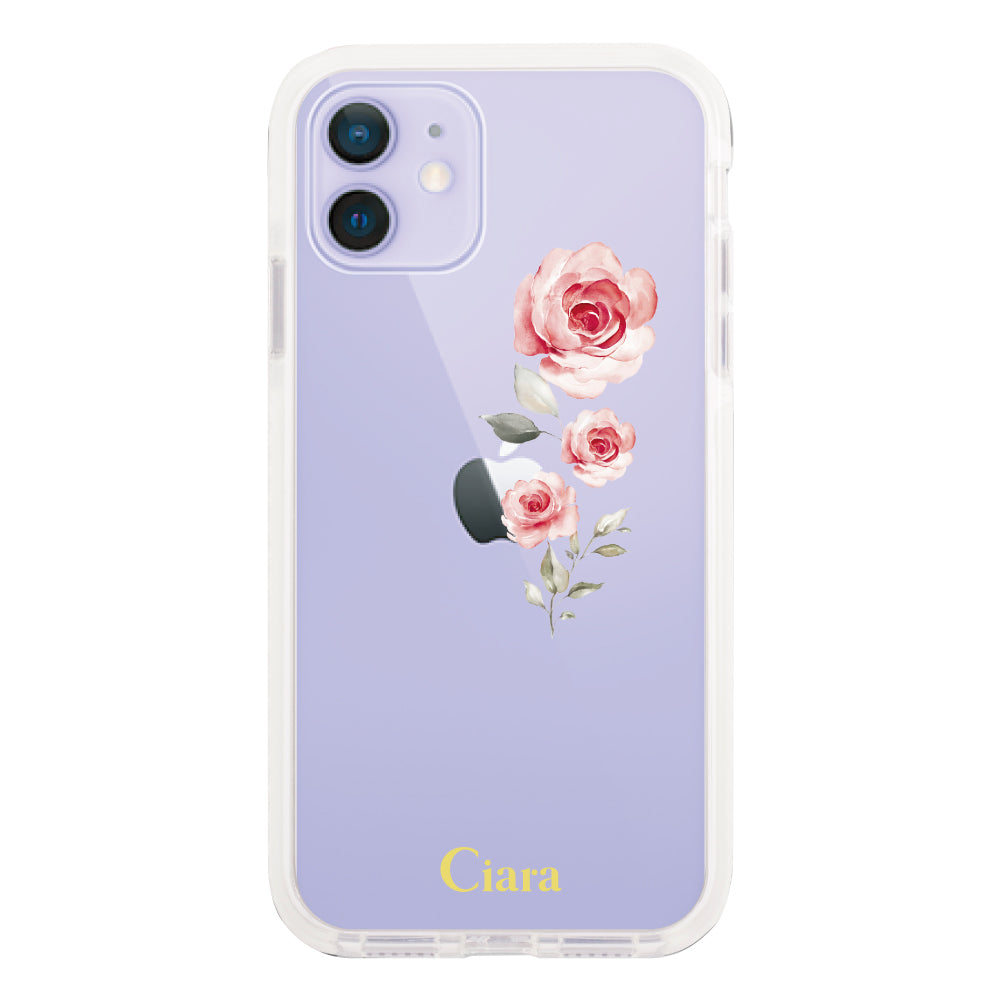 iPhone12/12Pro クッションバンパー 耐衝撃クリアケース ヴァーティカルフラワー ピンク