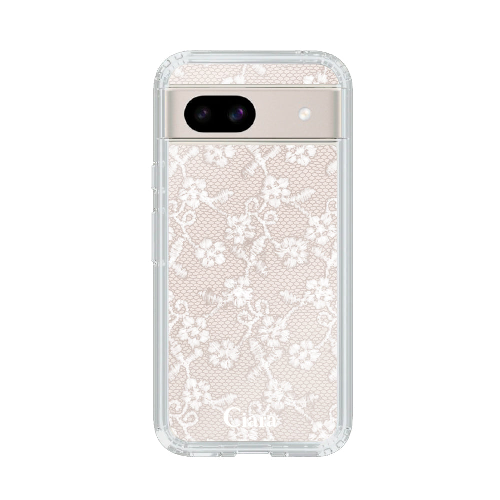GooglePixel8aケース クリアケース ファブリックスモールフラワーレース ホワイト