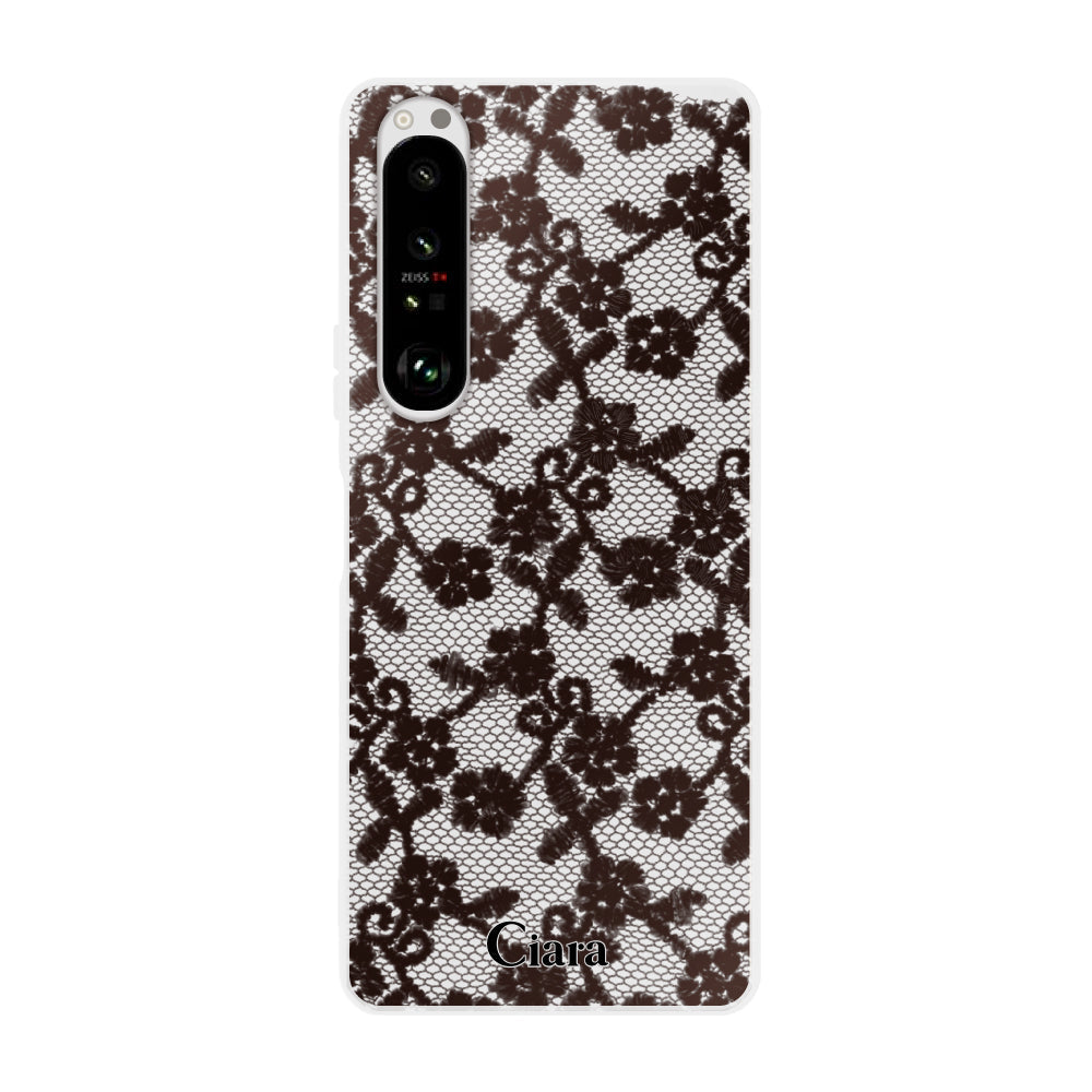 Xperia10Ⅱ クリアケース ファブリックスモールフラワーレース ブラック