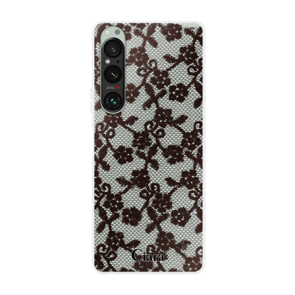 XperiaACEⅢ クリアケース ファブリックスモールフラワーレース ブラック