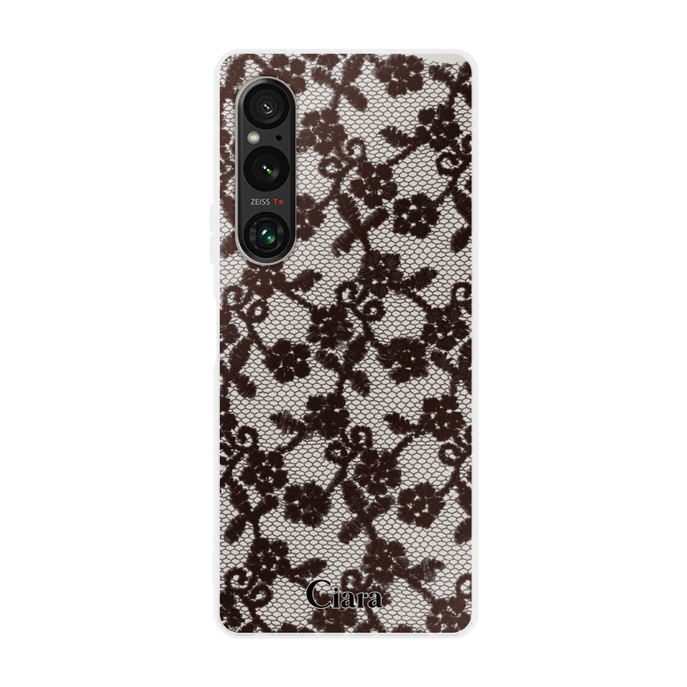 Xperia10Ⅴ クリアケース ファブリックスモールフラワーレース ブラック