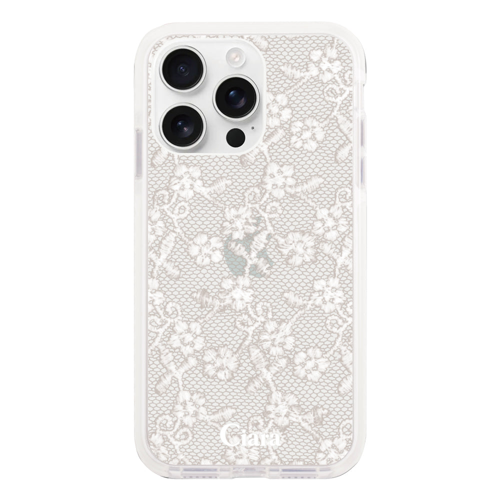 iPhone16ProMax クッションバンパー 耐衝撃クリアケース ファブリックスモールフラワーレース ホワイト