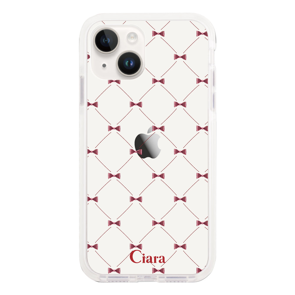iPhone14 クッションバンパー 耐衝撃クリアケース キルティングリボン レッド