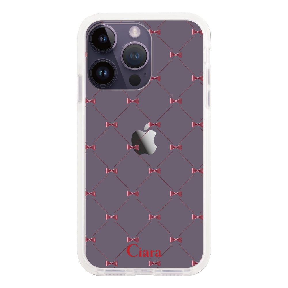 iPhone14ProMax クッションバンパー 耐衝撃クリアケース キルティングリボン レッド